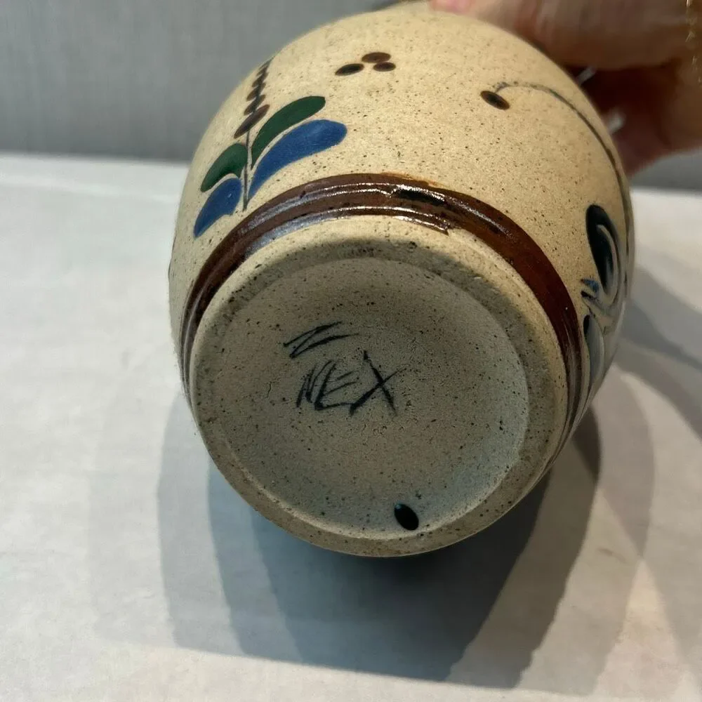 Tonala Pottery Vase Mexico Bird Flowers Folk Art Handmade Sandstone Beige Brown